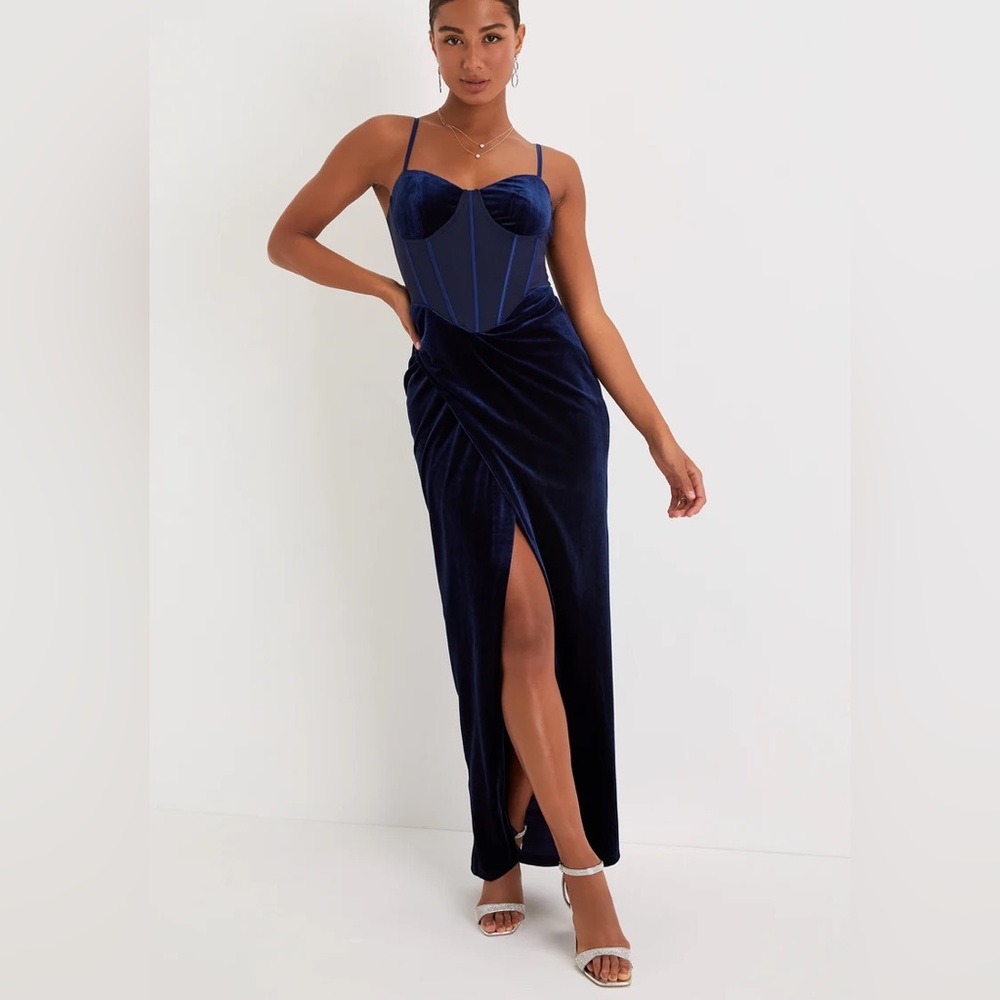 Lulus Alluring Icon Navy Blue Velvet Bustier Tulip Maxi Dress